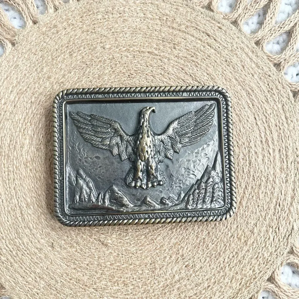 Brass Metal NOS Bald Eagle Spread Wings Soaring Mountains Trees Belt Buckle